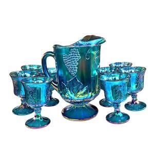Vintage Indiana Glass Harvest Grape Blue Carnival Glass Pitcher & 8 Goblets